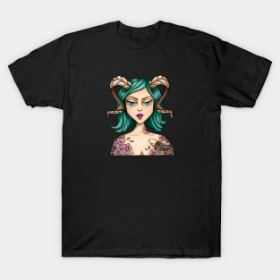 Goat Ram Horn Fantasy Girl T-Shirt